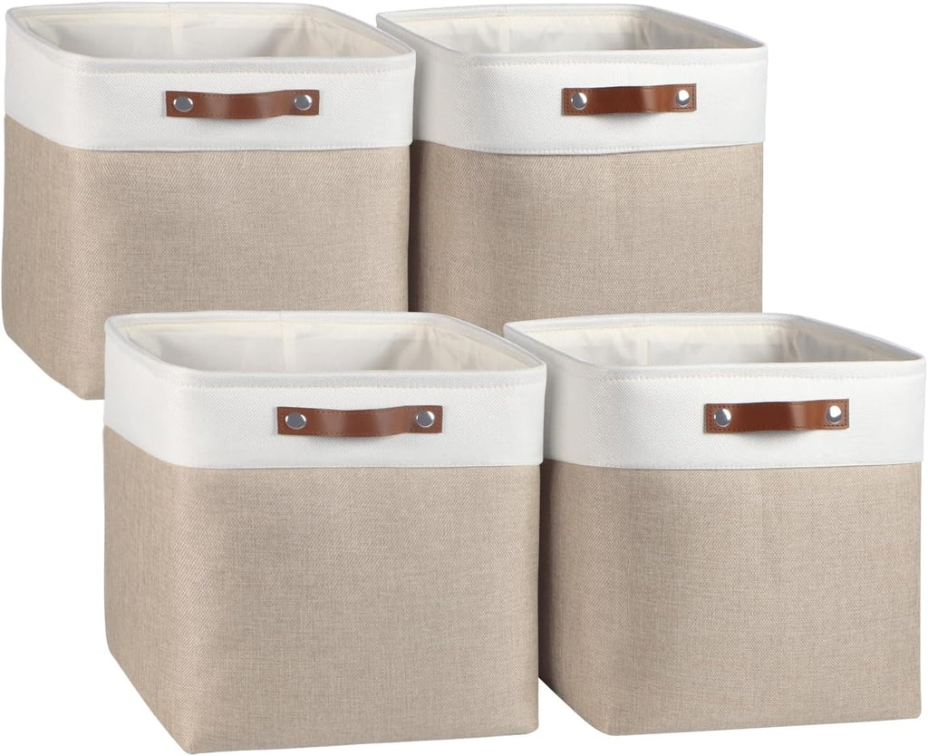 Univivi 4 PC 13 Inch Cube Storage Baskets with Hard Bottom for Shelves Foldable Storage Baskets for Closet Storage Clothes,Cube Storage Bin, Storage Basket with Handles for Organizing (Khaki)