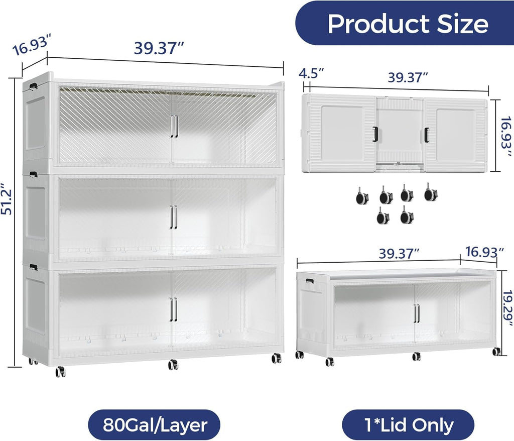 240GAL Extra Large Storage Bins with Lid, 960QT Collapsible Organizer with Wheels, Stackable Closet Cabinet with Doors, Folding Storage Containers for Home, Office, Dorm, 3Pack White