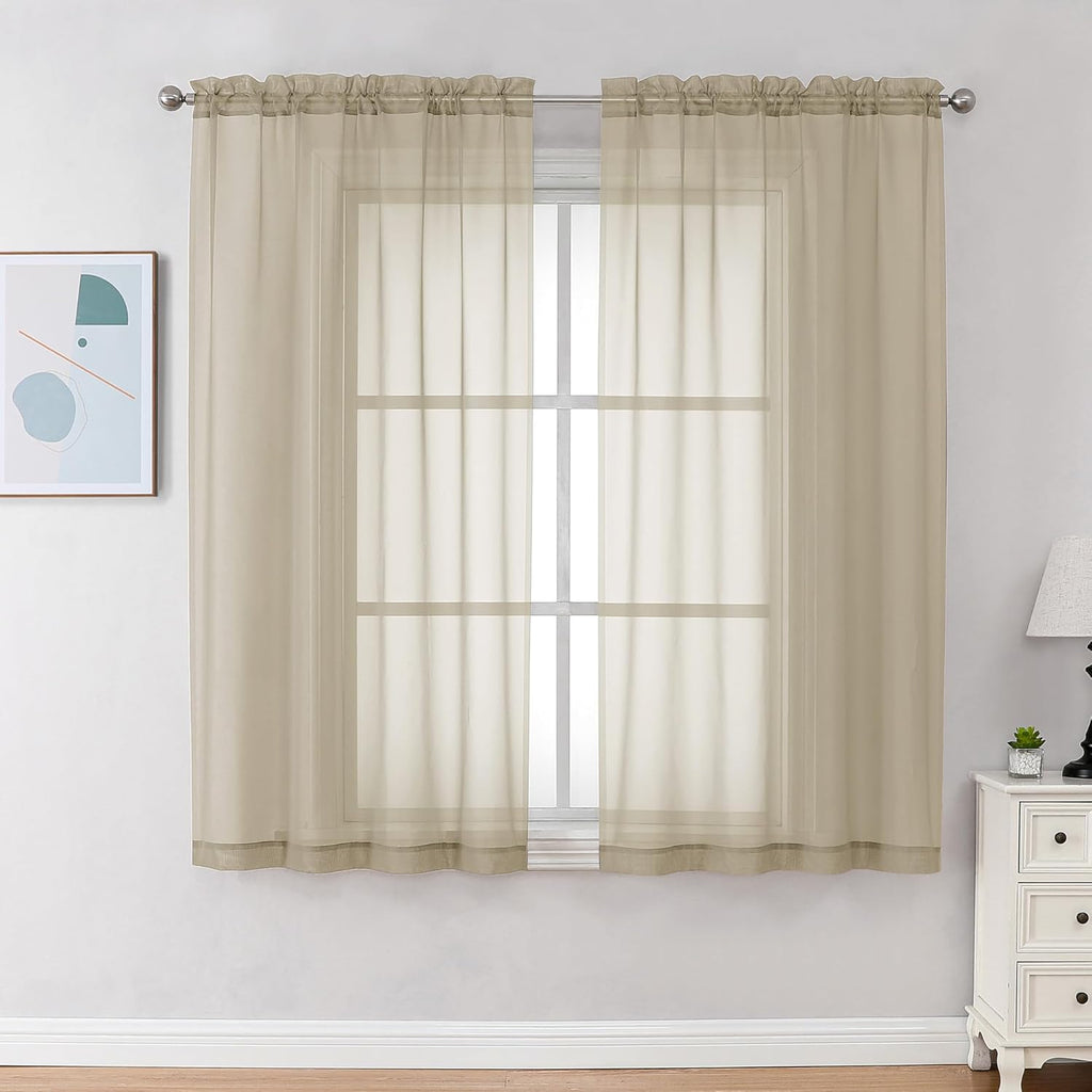 Chyhomenyc Taupe Sheer Curtains 45 Inch Long 2 Panels, Light Filtering Rod Pocket Voile Short Curtains Drapes for Living Room Bedroom Small Windows, 42Wx45L Inches