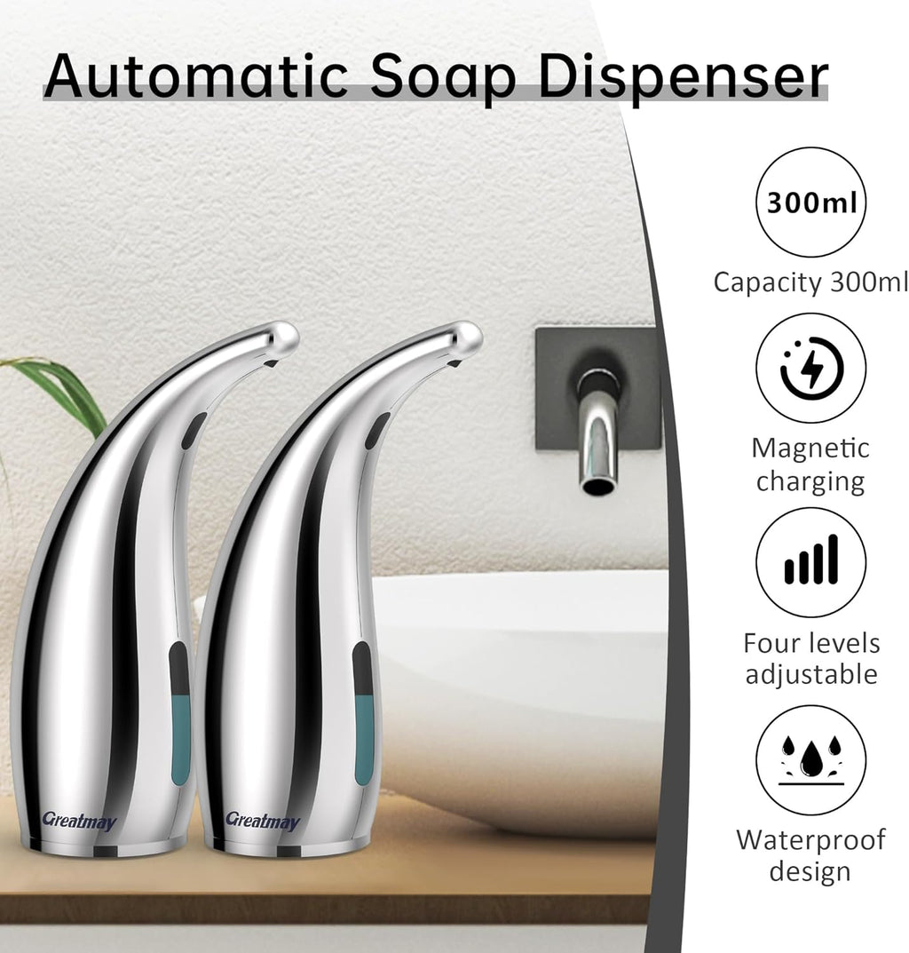 Adjustable Automatic Soap Dispenser Touchless, 4 Adjustable Levels Touchless Sensor Liquid Soap Pump Dispenser，300ml Rechargeable Magnetic Charging Hand Soap Dispenser for Kitchen，Bathroom