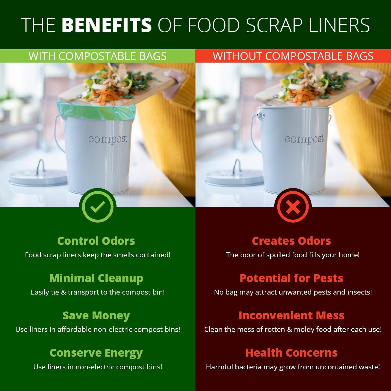 1.6 Gallon Compostable Trash Bags Handle, Heavy Duty Thick 0.6 Mil, 6.06 Liter, 50 Bags, Small Kitchen Food Scrap Waste Bag, ASTM D6400, US BPI and OK Compost Home Certified