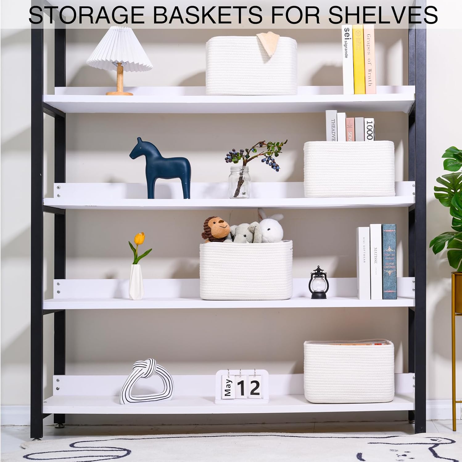 White Storage Baskets for Organizing, Woven Storage Baskets for Shelves, Cotton Rope Basket for Storage, Cute Rectangular Book Toy Basket, 12.7"×9.1"×7.9", 4 Packs, Off White