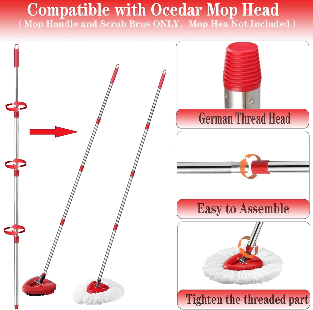 Spin Mop Replacement Handle and Mop Base Replacements for OCeda EasyWring 1-Tank Spin Mop System,4-Section Iron Mop Handle 30-58in and 1 Mop Base and 1 Scrub Brush Cover Set Combo, Red