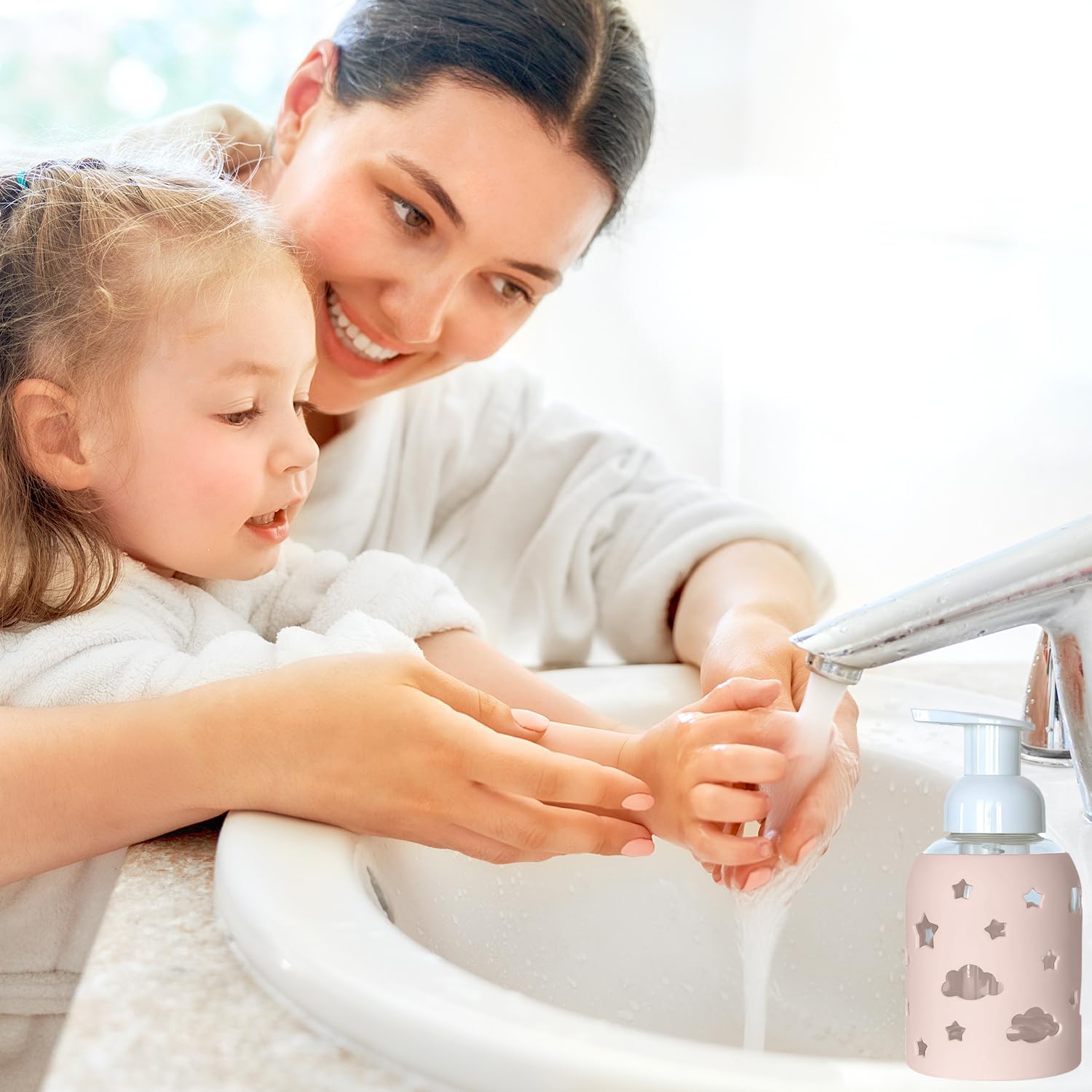 SoCal Suds & Company Glass Foaming Hand Soap Dispenser, Soft Grip Silicone Sleeve, Refillable Pump Bottle for Kids, Baby Wash & Shampoo, Ideal for Home Use, Light Pink 8oz