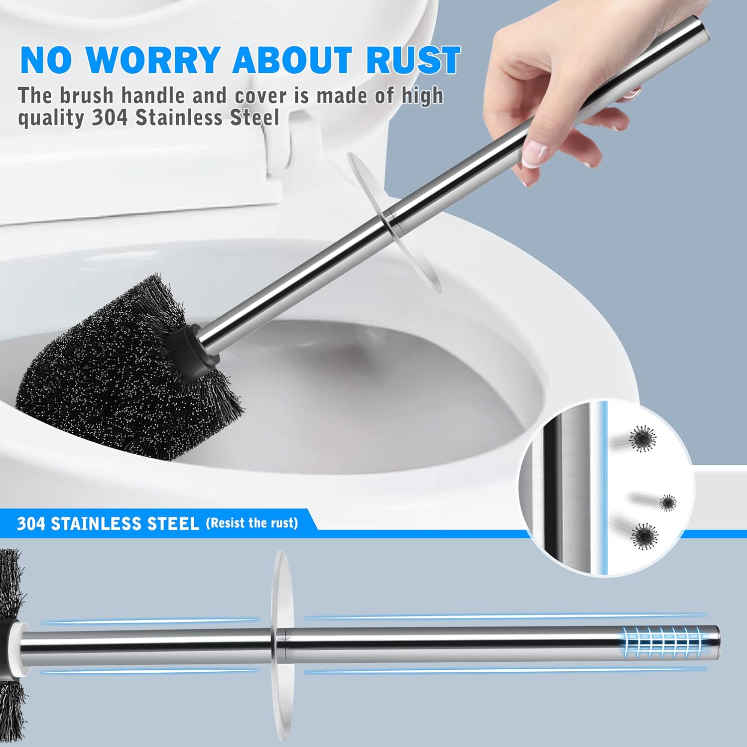 Toilet Brush and Holder, 2 Pack Toilet Brush with 304 Stainless Steel Long Handle, Toilet Bowl Brush for Bathroom Toilet-Ergonomic, Elegant,Durable (Grey)