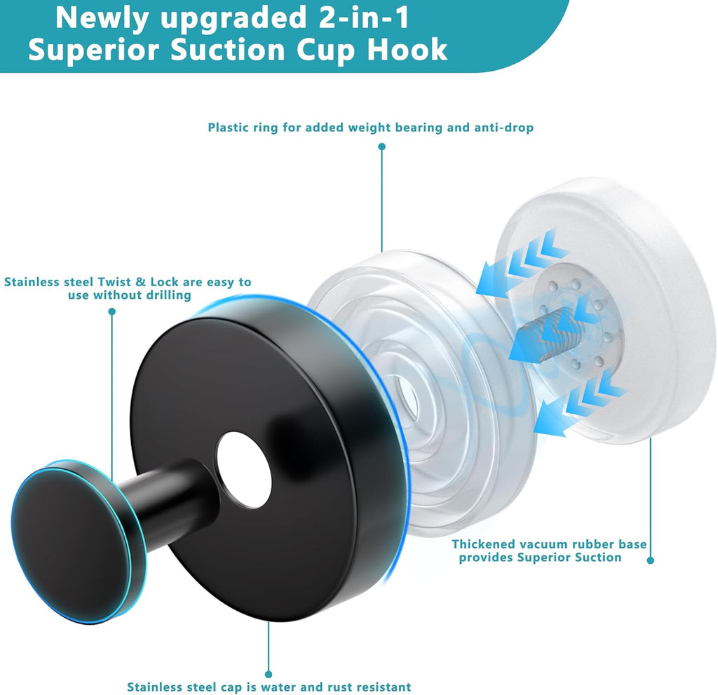 Suction Cup Hooks for Shower,Removable No Drill Towel Hooks,Upgraded 15 lbs Strong Suction hooks for Bathroom Tile,Shower Wall,Glass Door,Kitchen-Loofah,Coat,Stainless Waterproof-Matte Black 4 Pcs