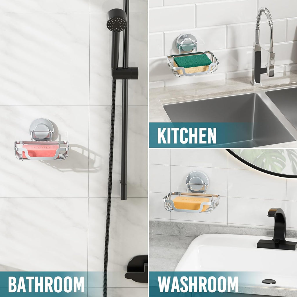 TAILI Soap Holder Bar Dish Suction Cup, Bar Shampoo Rack for Shower Wall, Draining Soap Saver Tray for Bathroom, Rustproof Stainless Steel Sponge Holder for Tub, Kitchen, Drill-Free, Silver