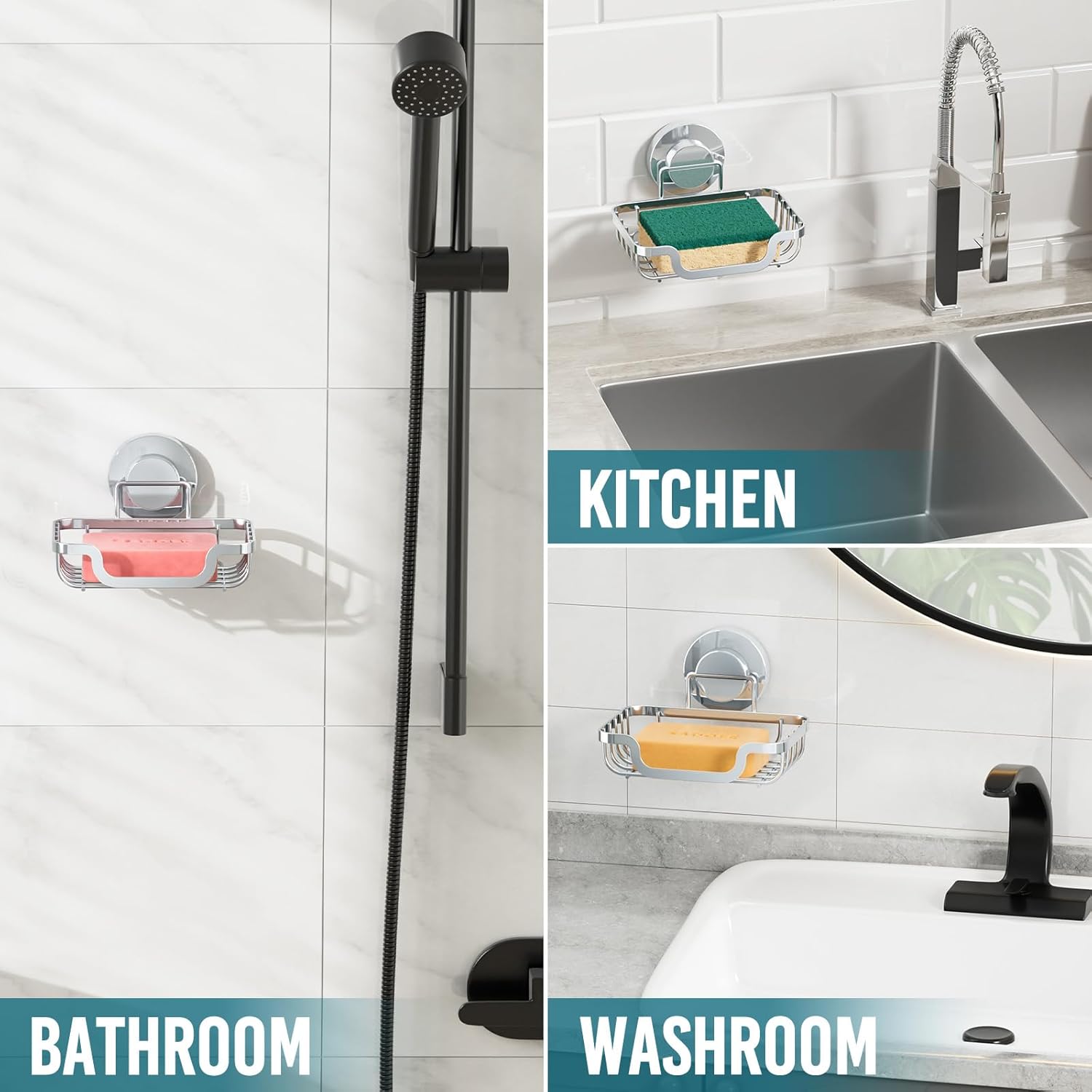 TAILI Soap Holder Bar Dish Suction Cup, Bar Shampoo Rack for Shower Wall, Draining Soap Saver Tray for Bathroom, Rustproof Stainless Steel Sponge Holder for Tub, Kitchen, Drill-Free, Silver