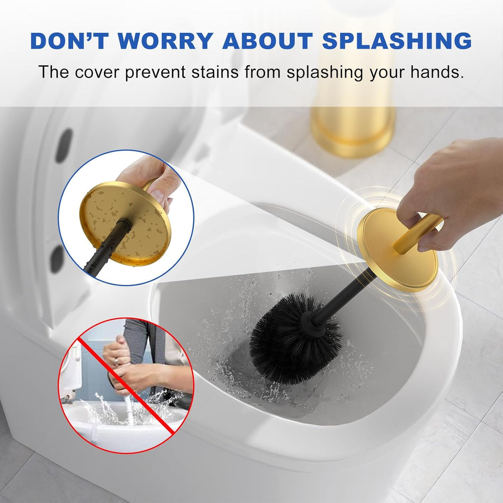Toilet Brush and Holder Set: 304 Stainless Steel Brushed Gold Toilet Bowl Brush and Holder with Removable Inner Bowl and Splash Protection, Heavy Duty Long Handle Bathroom Cleaning Tool