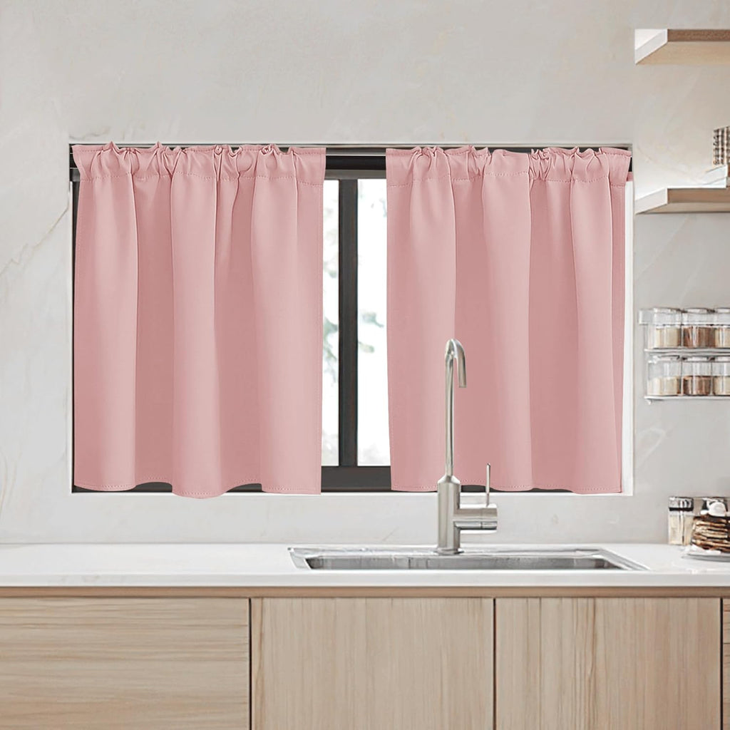 RYB HOME Kitchen Window Curtains Over Sink - Blackout Insualting Privacy Curtains for Kids Bedroom Kitchen Bathroom Basement Cafe Cabinet Tiers Drapes, 34 Width x 30 Length, 2 Panels, Peach Blush