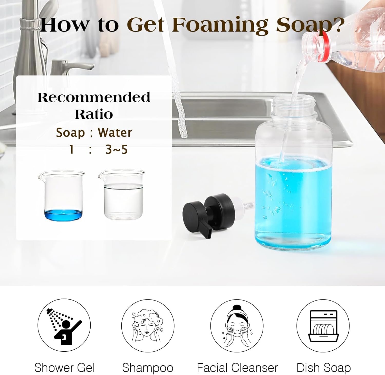 Luxspire Foaming Soap Dispenser, Glass Foam Pump Soap Dispenser, Non-Slip Hand Soap Dispenser with 5 Waterproof Labels, 15 Oz Refillable Liquid Soap Dispenser for Bathroom & Kitchen, Clear, 2 Pack