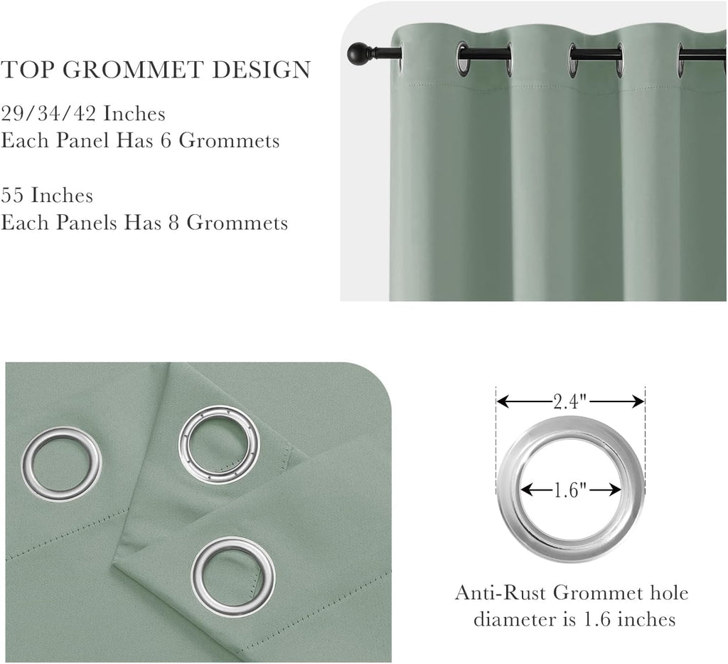 PONY DANCE Sage Green Short Blackout Curtains for Kitchen 45 Inch Length, Thermal Insulated Grommet Curtains for Bedroom, Black Out Drapes for Bathroom Small Window (2 Panels Set, 34 inches Wide)