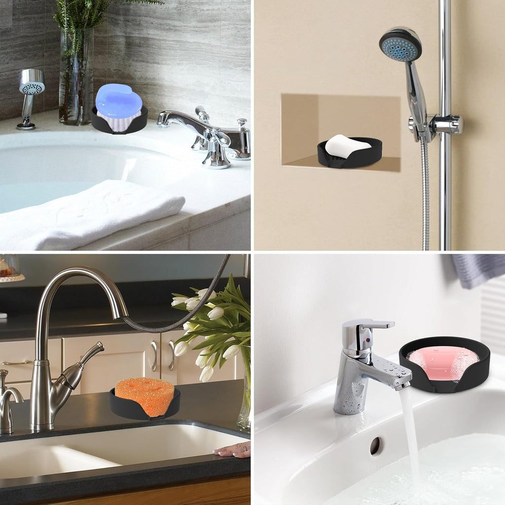 Self Draining Soap Dish, Silicone Suction Cup Soap Holder Tray Savers Container Sponge Holder for Bar Bathroom Shower Kitchen Sink, Can Extend Soap Life (2, Black)