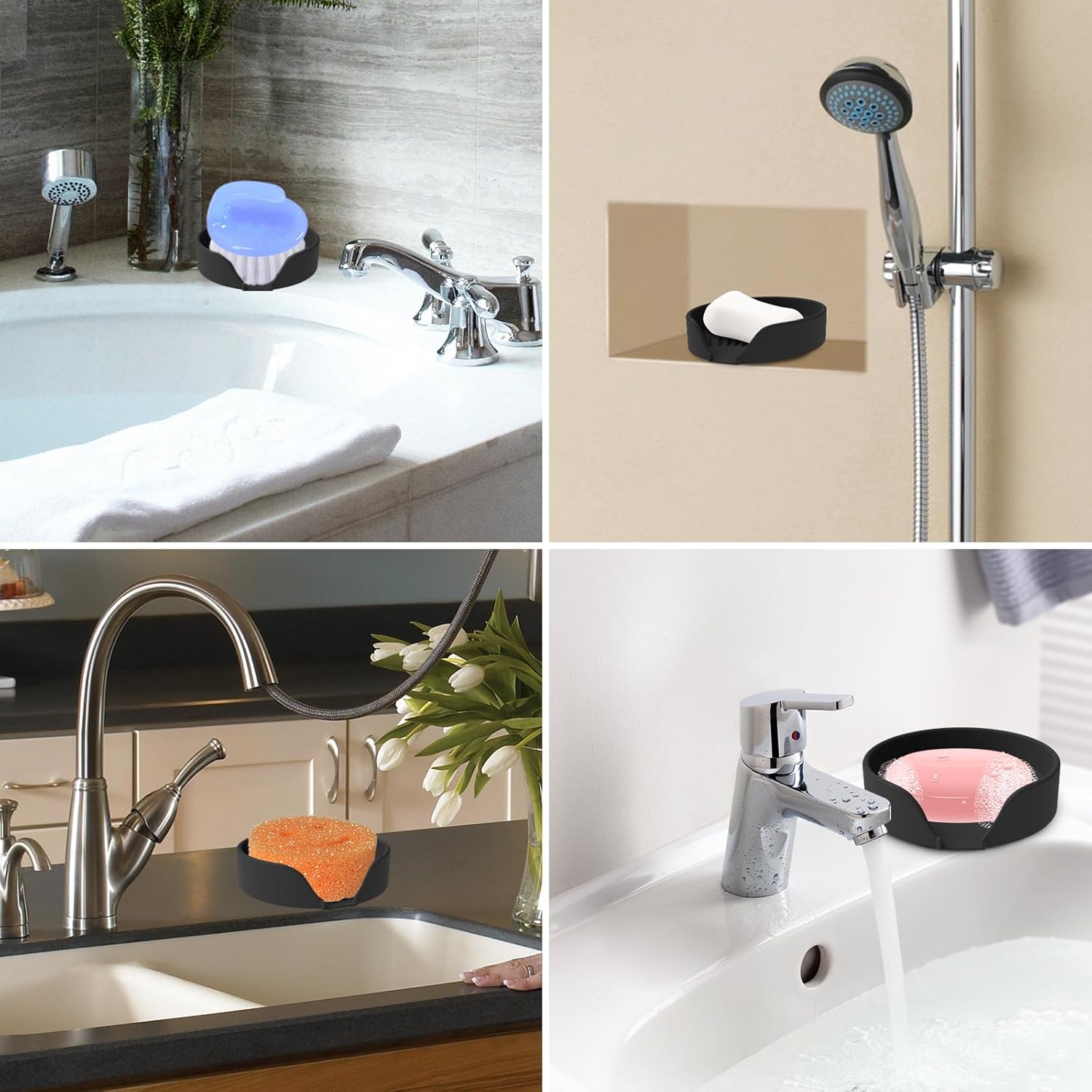 Self Draining Soap Dish, Silicone Suction Cup Soap Holder Tray Savers Container Sponge Holder for Bar Bathroom Shower Kitchen Sink, Can Extend Soap Life (1, Black)