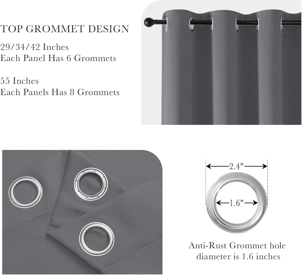 PONY DANCE Grey Short Blackout Curtains for Kitchen 45 Inch Length, Thermal Insulated Grommet Curtains for Bedroom, Black Out Drapes for Bathroom Small Window (2 Panels Set, 34 inches Wide)
