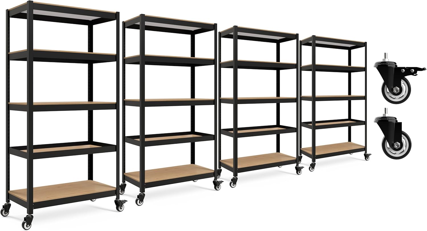 HOMEDANT House 5-Tier Metal Rolling Cart Shelf Rack Casters Heavy Duty Laminated Wheel Shelving Unit Adjustable Utility Storage Shelves Organizer Shelf Kitchen Garage 36.2" W x 16.5" D x 69.5" H 4Pack