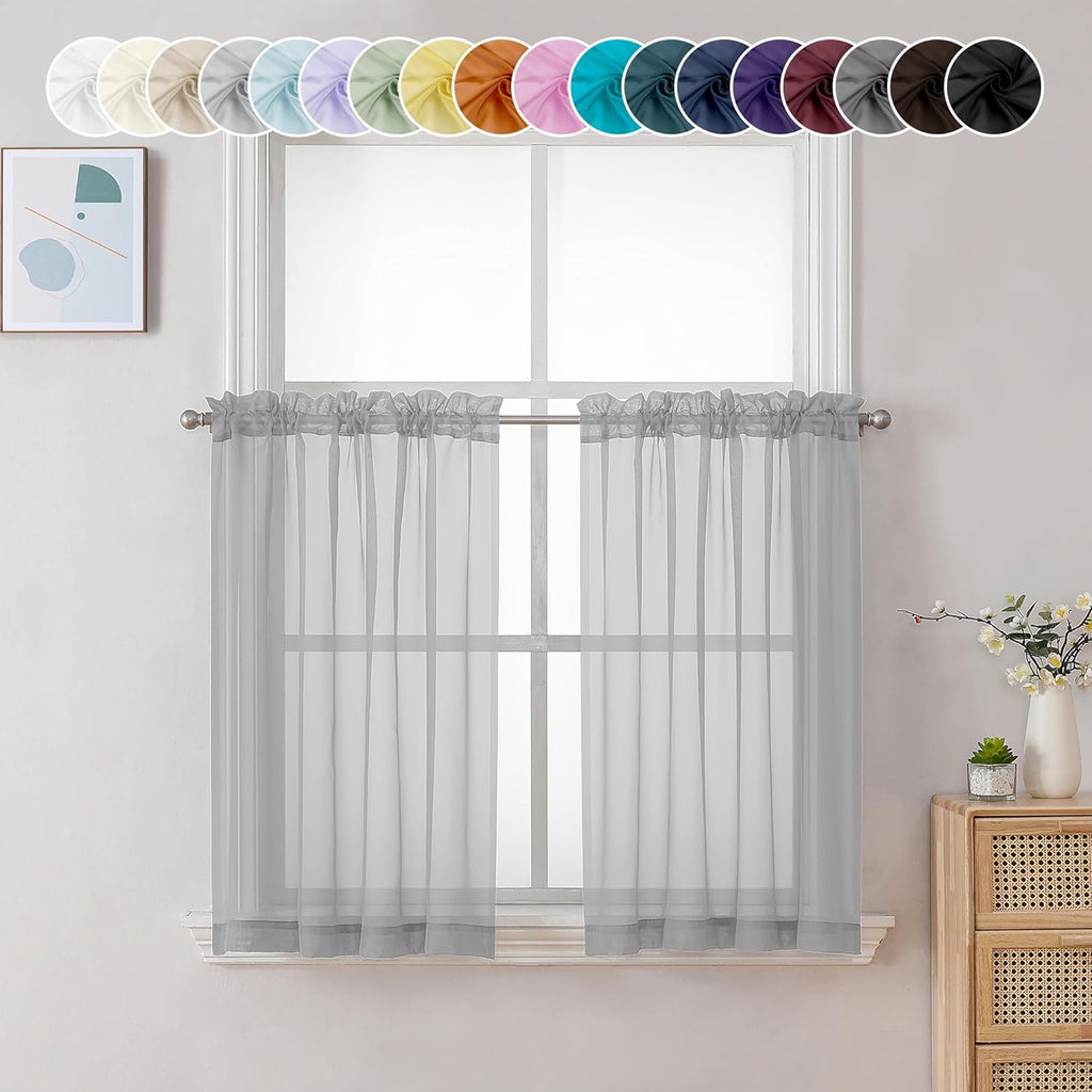 Chyhomenyc Sheer Light Grey Tier Curtains 24 Inch Length, Small Window Curtains Treatment for Bathroom Living Room Basement, Short Rod Pocket Cafe Curtain, 42W x 24L Inches, 2 Panels