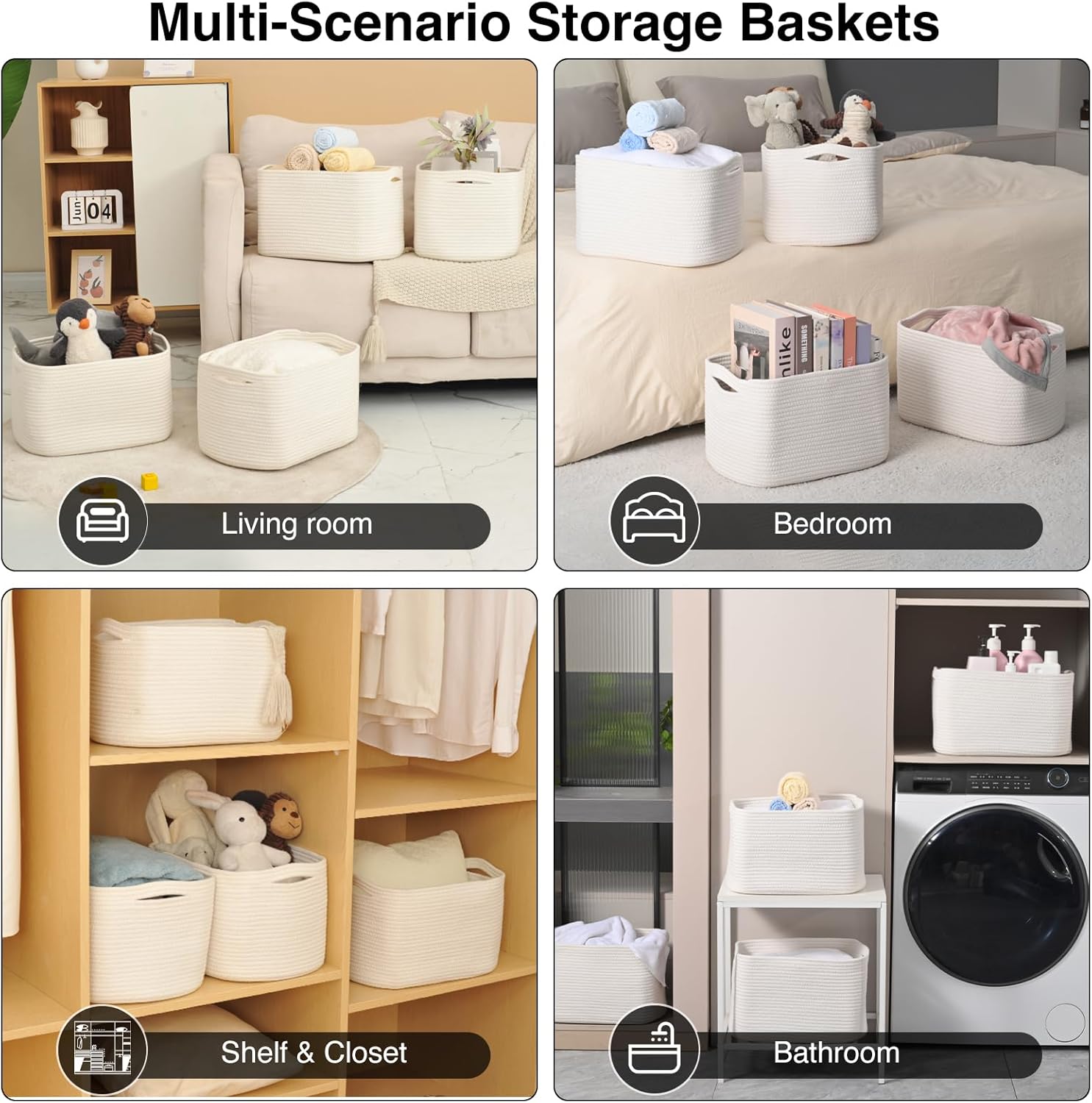 Storage Baskets for Organizing & Shelves, Woven Cotton Rope Organization Bins for Dog Toys, Clothes, Books, Nursery Organizer, 15" Lx11''Wx9.5''H, (4 Packs) Off White