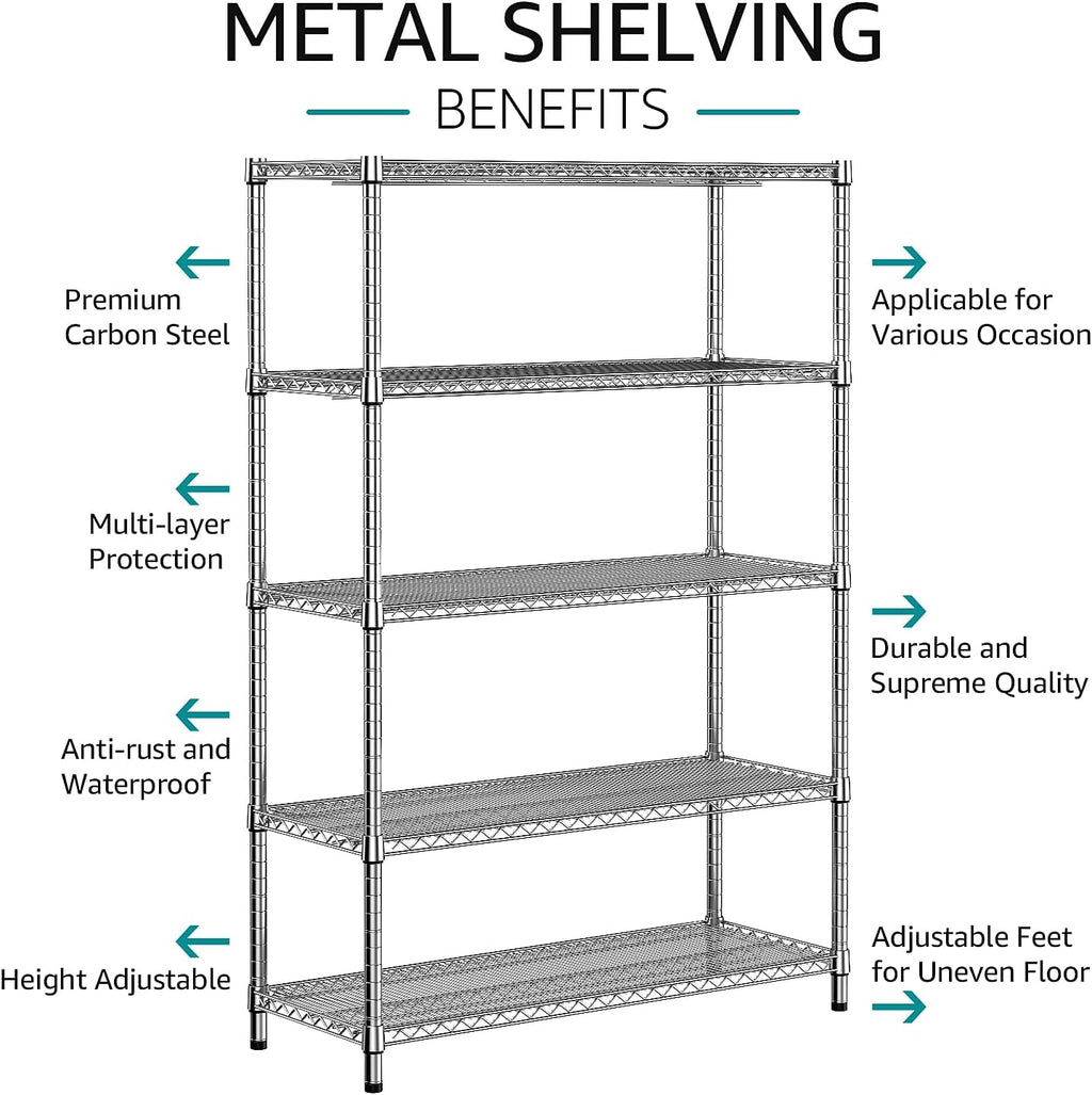 IZEUK 4250 LBS Garage Shelving Wide Storage Shelves 5 Tier Metal Shelves Heavy Duty Adjustable Utility Shelf Rack Chrome 17.7" D x 47.2" W x 70.4" H