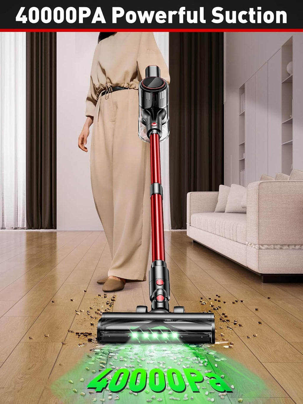 Cordless Vacuum Cleaner, 40KPA 8-in-1 Vacuum Cleaners for Home, 50Mins Runtime, Anti-Tangle Stick Vacuum with LED Display, Rechargeable Lightweight Vacuum for Pet Hair/Carpet/Floor (Red)