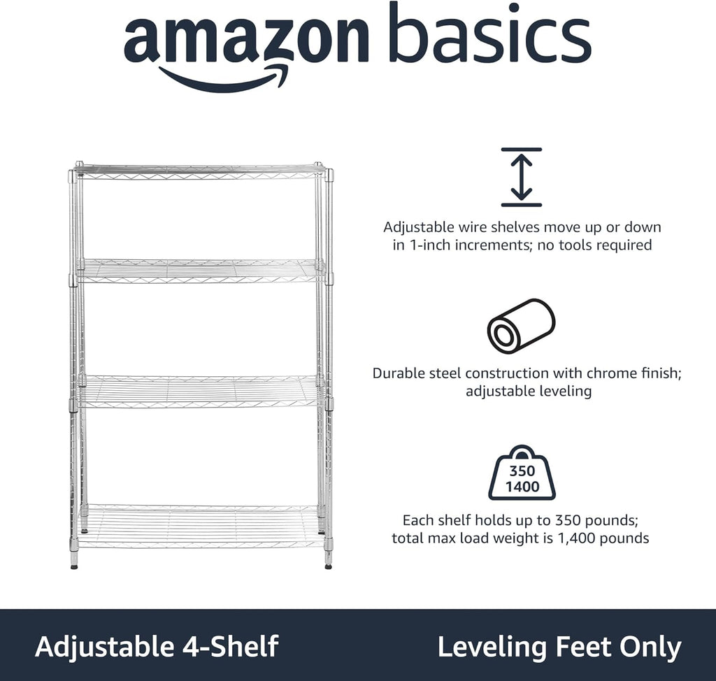 Amazon Basics 4-Shelf Adjustable Heavy Duty Steel Wire Rack Storage Shelving Organizer for Kitchen, Garage, 36" L x 14" W x 54" H, Chrome Silver