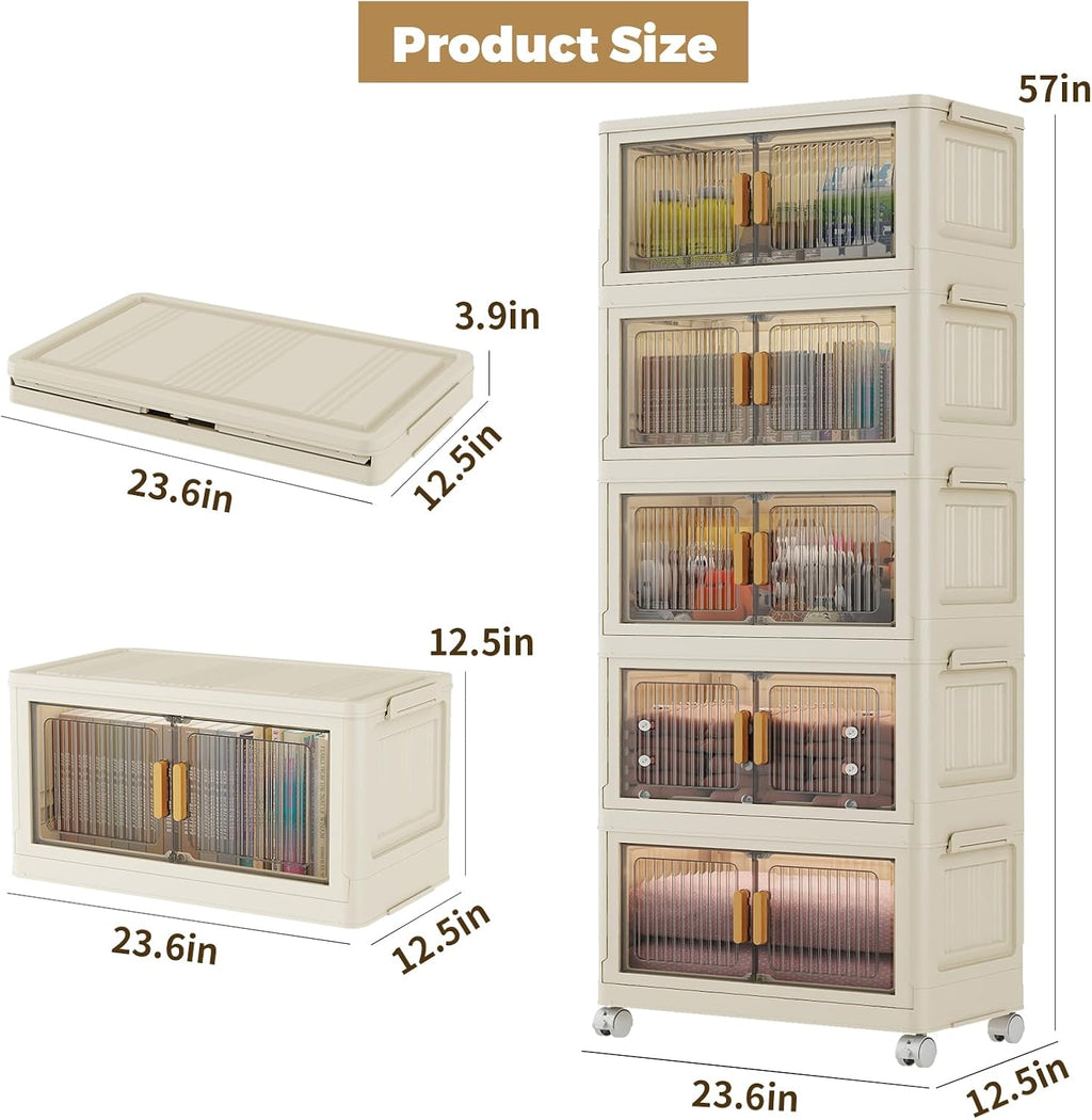 5 Tier Stackable Plastic Storage Bins with Lids 58QT, Collapsible Closet Organizers and Storage with Wheels for Living Room,Office,Dorm