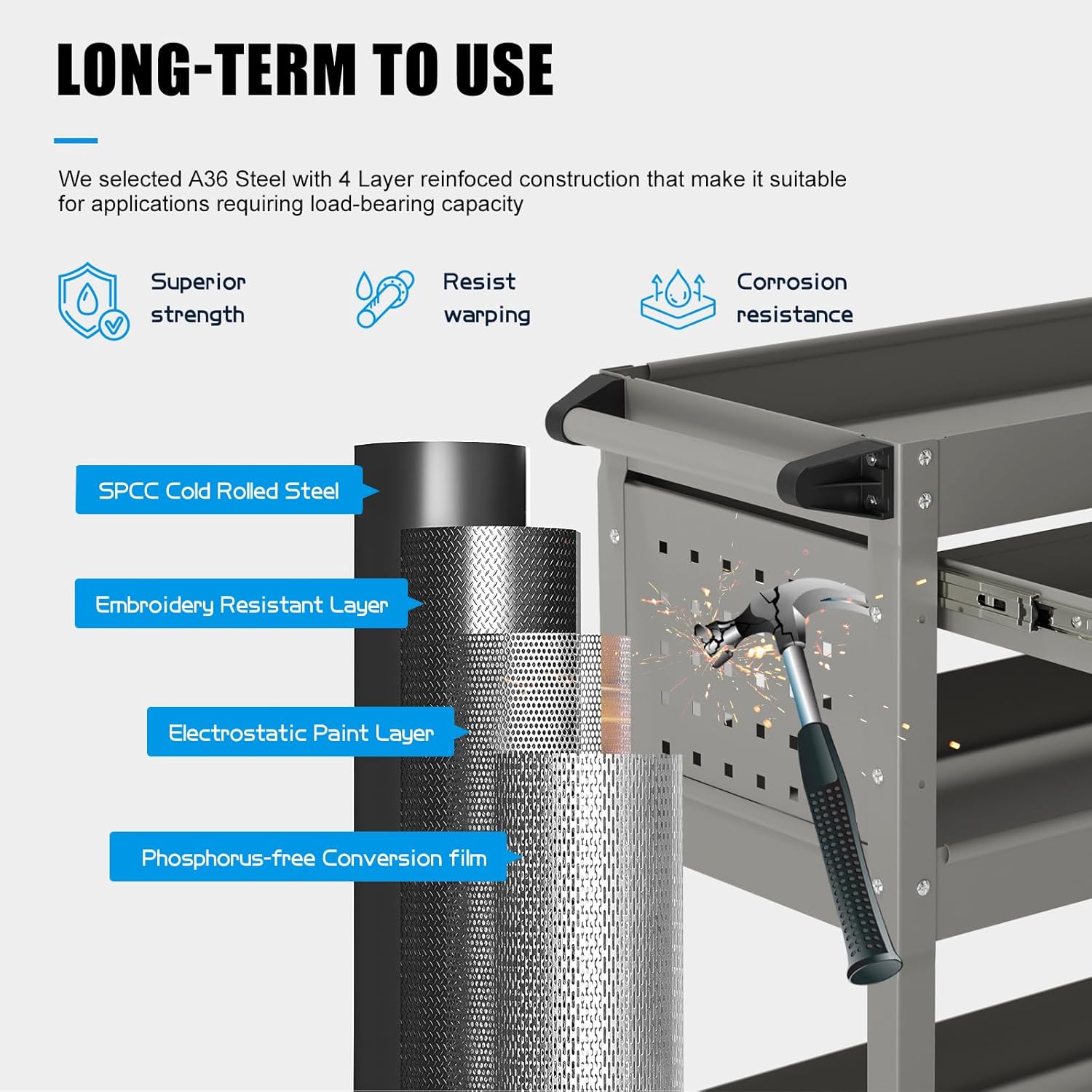 3 Tier Rolling Tool Cart on Wheels, Heavy-Duty Utility Cart Service Cart with Locked Drawers for Garage, Warehouse, Repair Shop, Workshop…