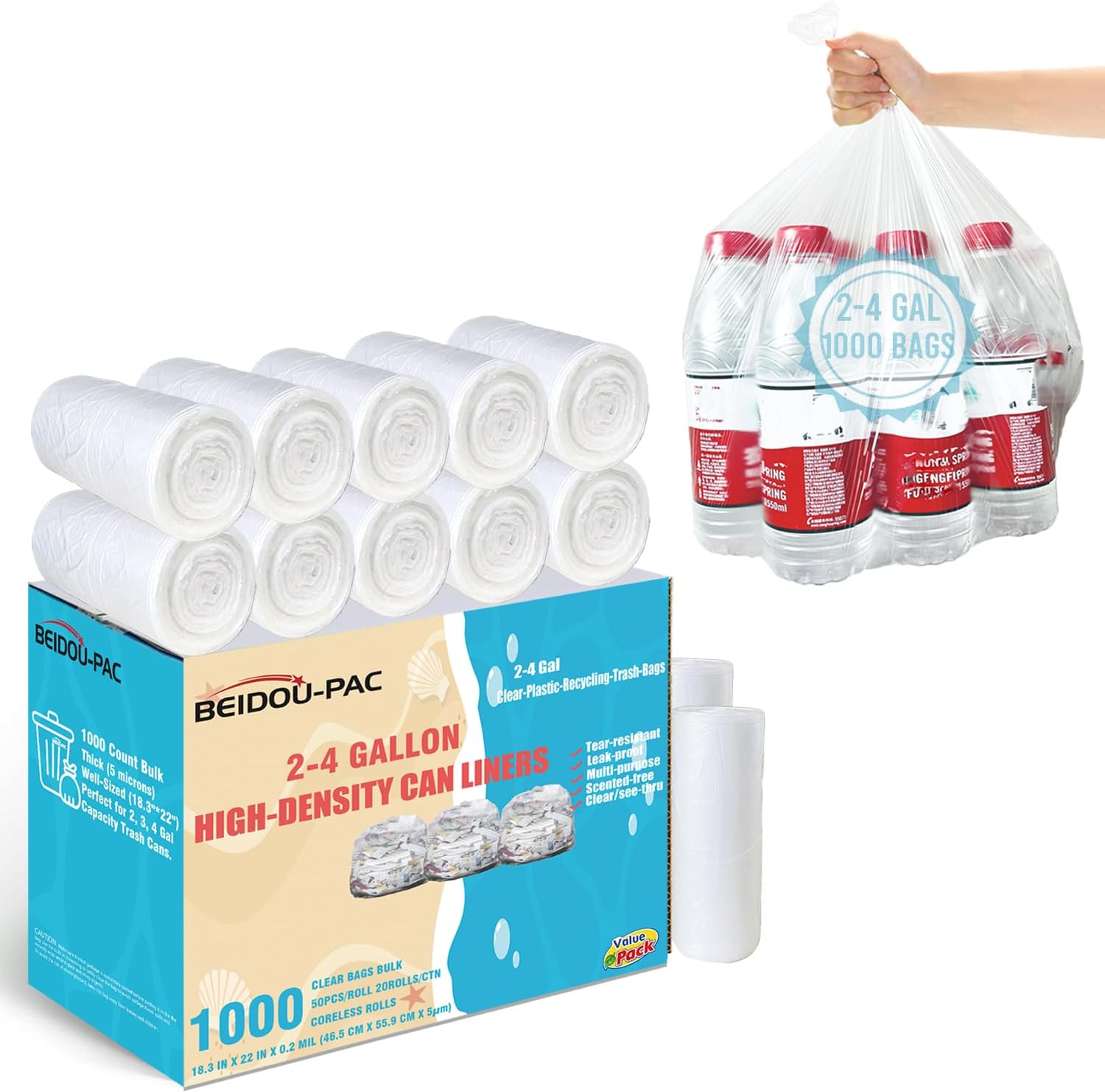 2-4 Gallon Trash Bags, 1000 Count Bulk Value Pack, Clear Plastic Recycling Bags, Small Multi-purpose Garbage Bags for Business Home Bathroom Kitchen Commercial and Industrial