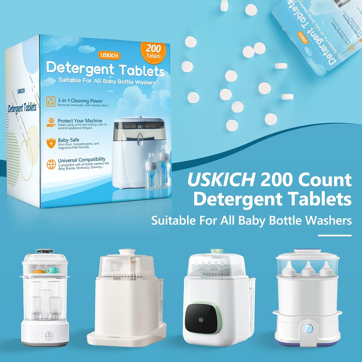 200Pcs Detergent Washing Tablets for Momcozy,Deep Cleaning Baby Brezza Bottle Washer,Compatible with All Brands Baby Bottle Washers