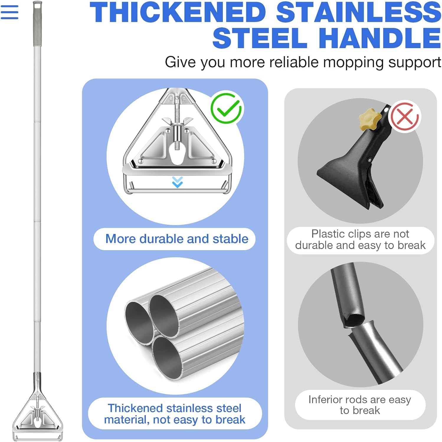 Commercial Mop Handle Heavy Duty,Industrial Metal Mop Stick Replacement for Home, Garage, Office, Workshop,Warehouse Floor Cleaning,2Pack