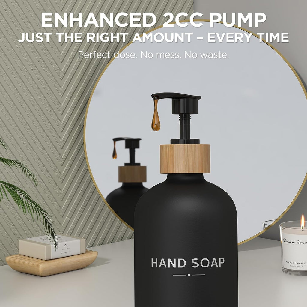 Hand and Dish Soap Dispenser Set,16oz Glass Bottles with Printed Labels, Bamboo Tray & Pump,Countertop Soap Dispensers for Kitchen,Luxury, Minimalist & Farmhouse Decor (Hand Dish (Black))