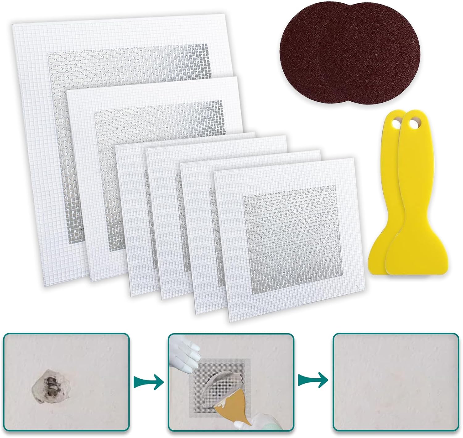 10 Pack Drywall Repair Kit for Large Holes, 4/6/8 Inch Dry Wall Patch Kits for Erase a Small Nail Hole, Plaster Wall Patching Self Adhesive Aluminum Mesh with Scraper and Sandpaper