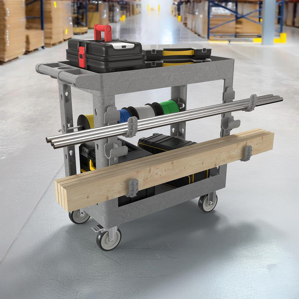 Heavy Duty Rolling Utility Cart with Wheels 2 Tier Utility Plastic Service Work Cart for Shop, Garage, Warehouse, Maintenance 550 lbs