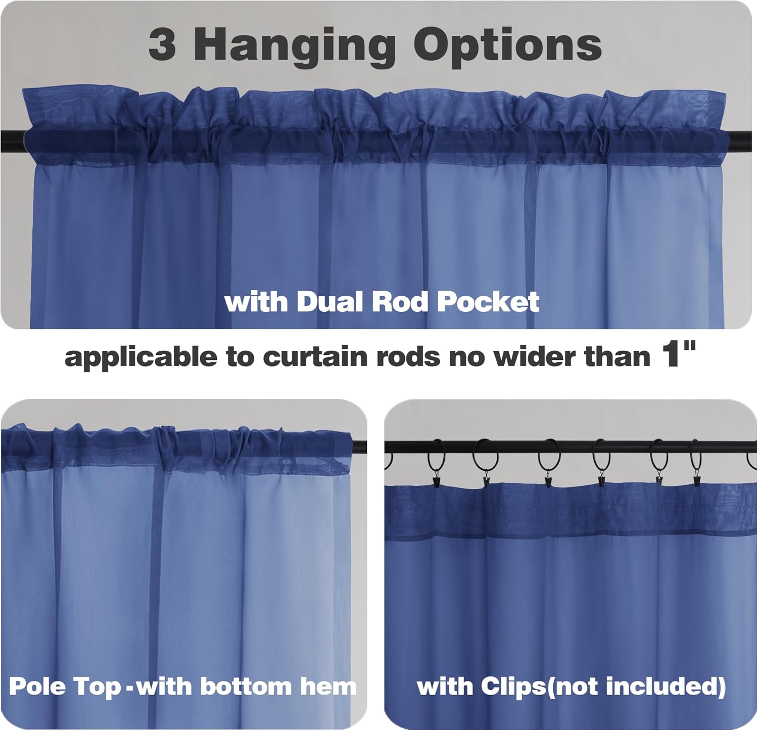 Chyhomenyc Sheer Valances for Windows 2 Pack, Small Window Curtains for Living Room Bathroom Laundry Basement, Modern Top Dual Rod Pocket Voile Curtain, 42W x 14L inches, 2PCS, Royal Blue