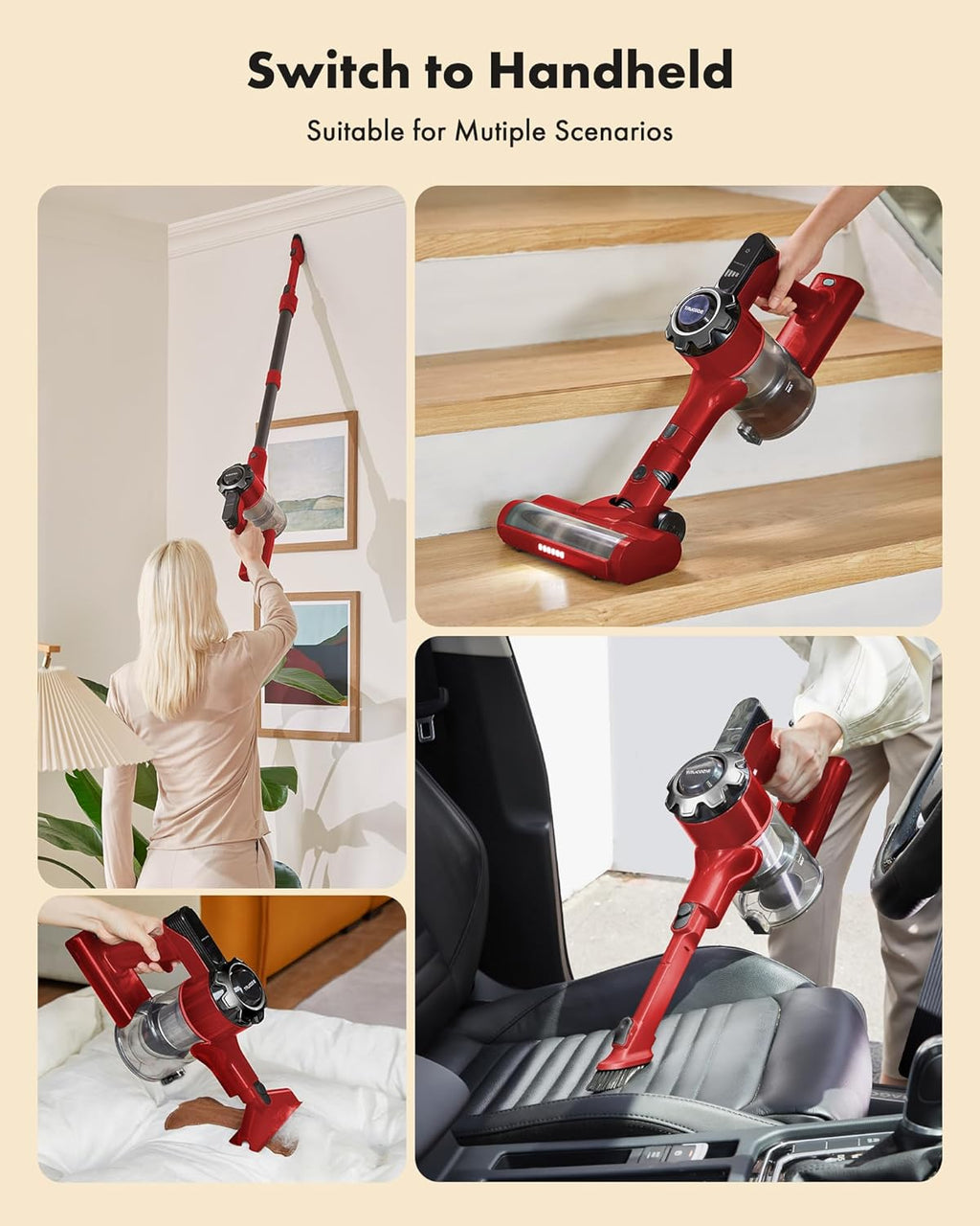 Trucozie Cordless Vacuum Cleaner, 8-in-1 Lightweight Stick Vacuum with 45mins Runtime, Powerful Suction, Rechargeable Cordless Vacuum for Carpet, Tile, Pet Hair, Hardwood Floors, Red