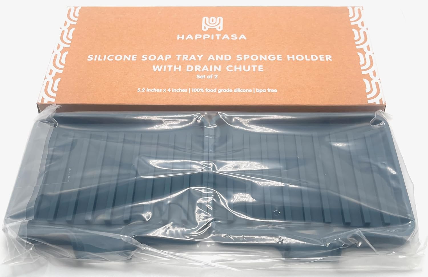 Happitasa Silicone Soap Dish Tray and Sponge Holder with Drain Chute, Pack of 2 | Bathroom and Kitchen Sink Organizer Caddy (Smoky Blue, 5.2"x4", 7.2 Ounces)