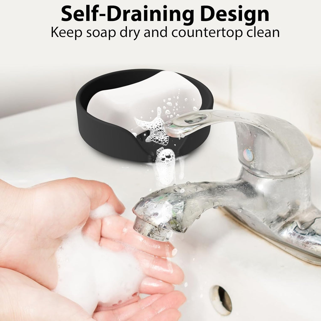 Self Draining Soap Dish, Silicone Suction Cup Soap Holder Tray Savers Container Sponge Holder for Bar Bathroom Shower Kitchen Sink, Can Extend Soap Life (1, Black)