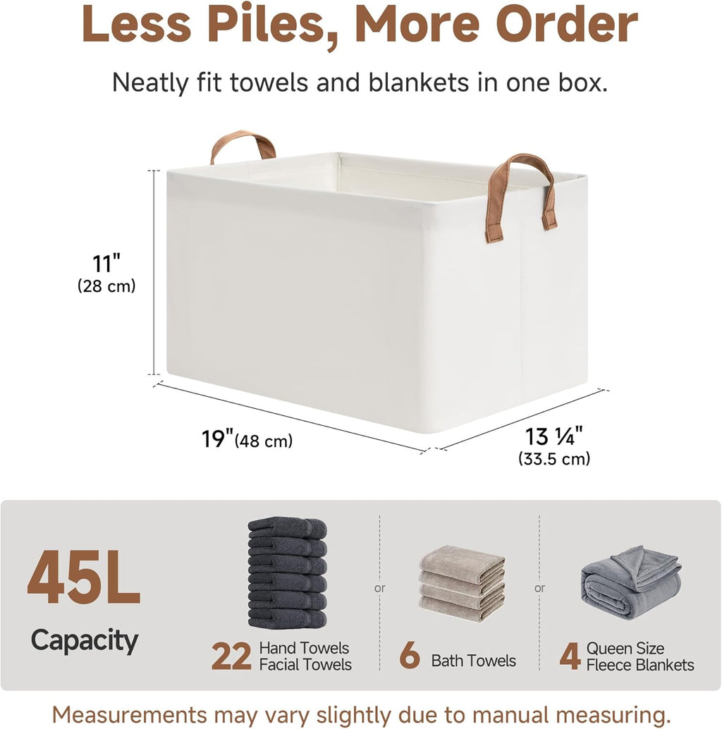 StorageWorks 45L Extra Large Fabric Storage Bins with PU Handles, Storage Baskets for Organizing, Large Laundry Basket, 2-Pack, Beige, 19" L X 13.25" W X 11" H