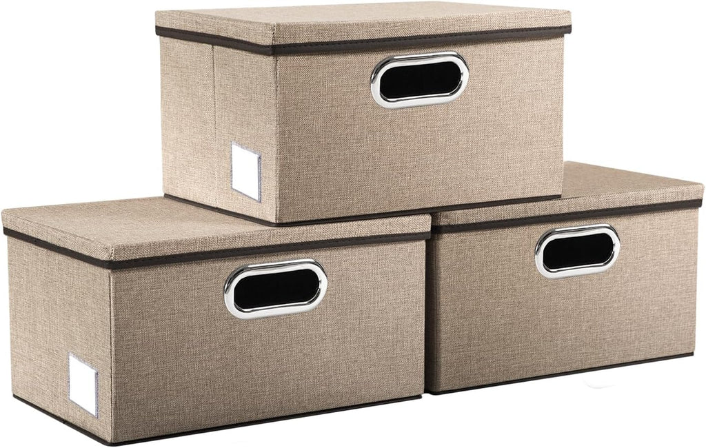 PRANDOM Storage Bins with Lids [3-Pack] Jute Fabric Foldable Storage Boxes Organizer Containers Baskets Cube with Cover for Home Bedroom Closet Office Nursery khaki（11.4X8.6X6.7