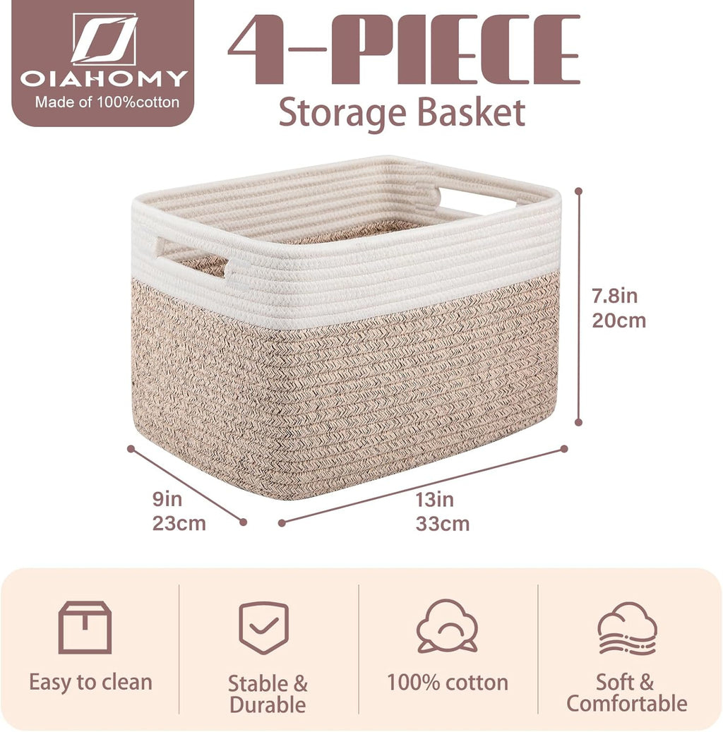OIAHOMY 4 Pack Storage Baskets for Organizing, Basket for Shelves with Handle, Woven Baskets for Storage Toys, Towels, Books, Cotton Rope Basket 13" L x 9 " W x 7.8 " H, Brown & White