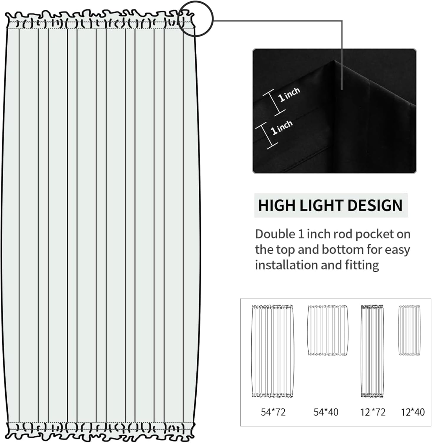 DWCN French Door Curtains – Rod Pocket Thermal Blackout Curtain for Window/Patio Doors/Doorways/Classroom/Kitchen for Privacy, 12W by 72L Inches, 1 Panel with Tieback, Black