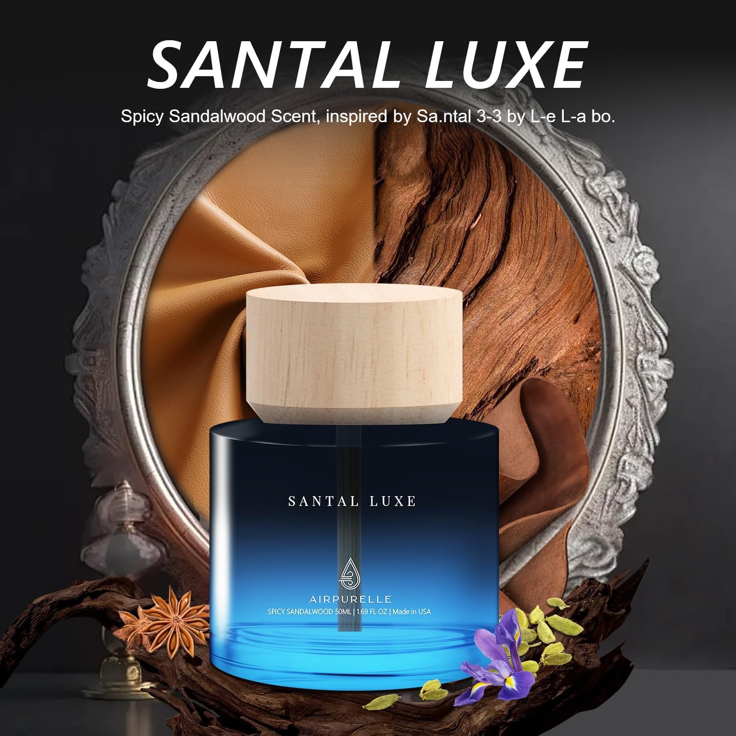 Car Air Freshener for Men & Women – Long-Lasting Spicy Sandalwood Essential Oil Diffuser for Car Cup Holder – 50ML (1.7 FL OZ) Car Scent Diffuser, Inspired by Perfume – Made in USA