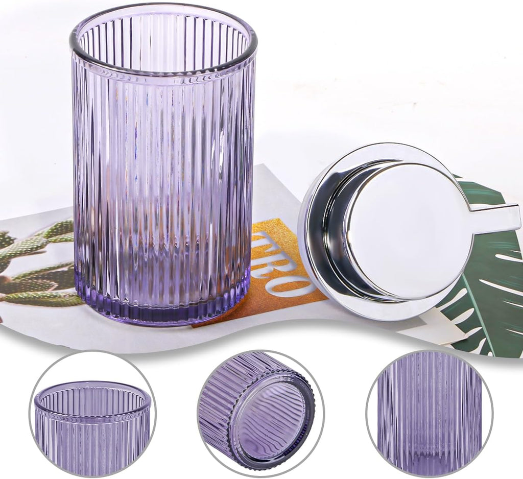 Foaming Soap Dispenser, 11 Oz Thick Glass Foam Hand Soap Dispenser, Refillable Glass Foam Pump Bottle Container Decorative Slim Ribbed Bottle for Bathroom and Kitchen (1, Purple Silver)