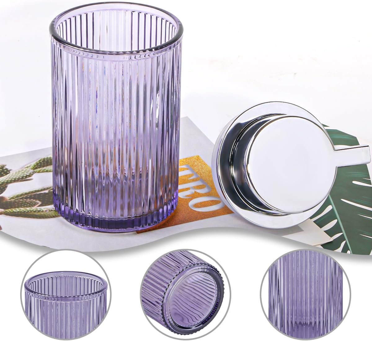 Foaming Soap Dispenser, 11 Oz Thick Glass Foam Hand Soap Dispenser, Refillable Glass Foam Pump Bottle Container Decorative Slim Ribbed Bottle for Bathroom and Kitchen (1, Purple Silver)