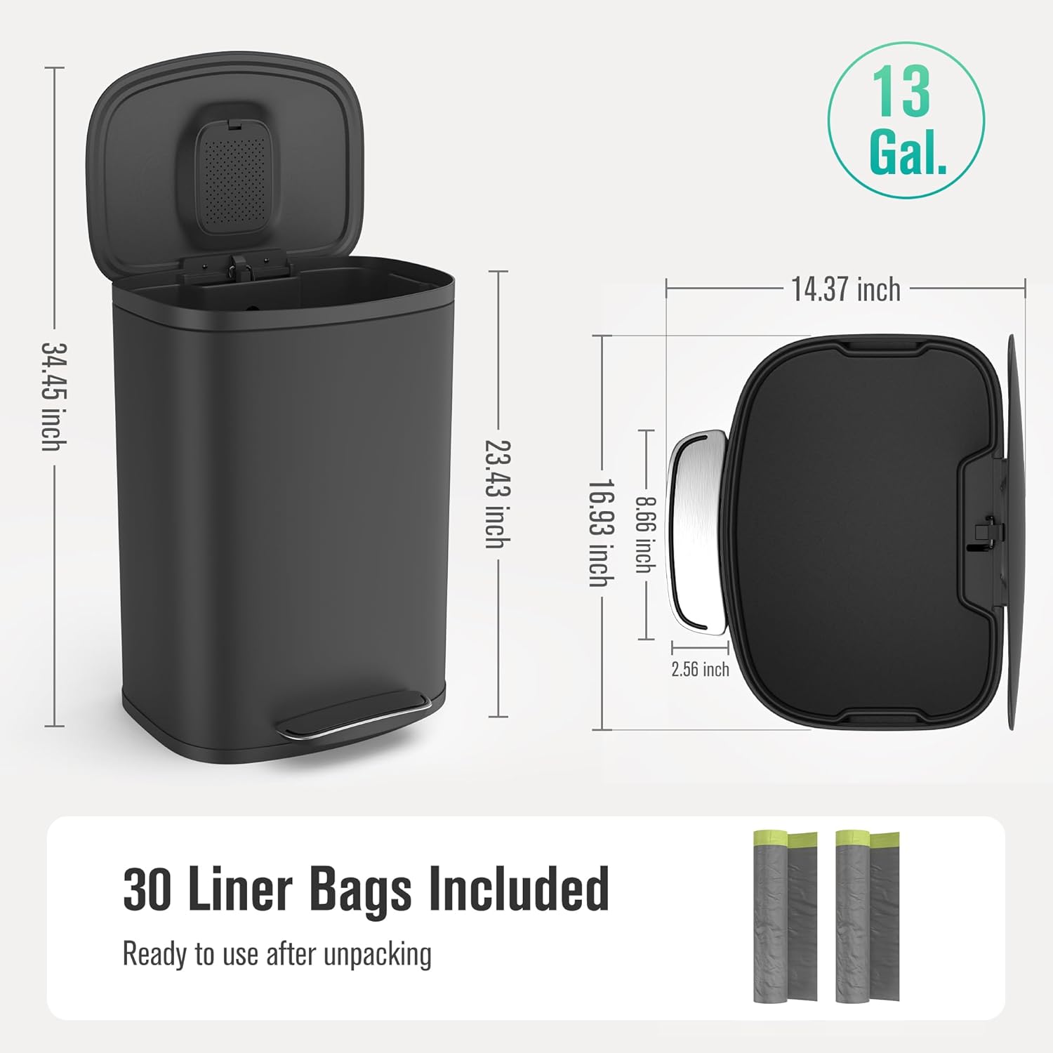 13 Gallon Stainless Steel Foot Pedal Large Trash Can with Soft Close Quiet Curved Surface Top Lid and Deodorant Storage Space, with 30 Garbage Bags for Kitchen/Home/Office Trash can and More - Black