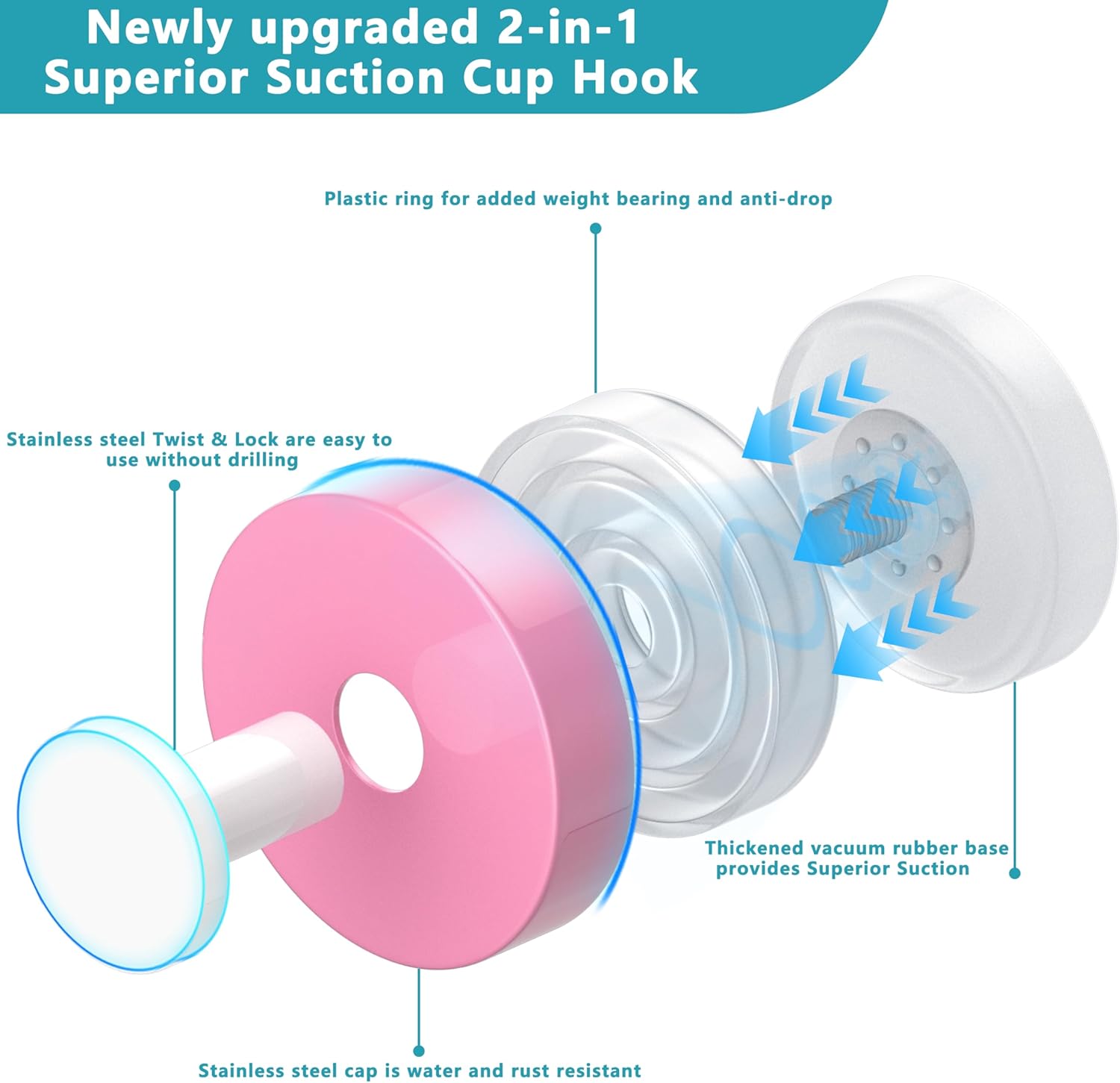 Suction Cup Hooks for Shower,Removable No Drill Towel Hooks,Upgraded 15 lbs Strong Suction hooks for Bathroom Tile,Shower Wall,Glass Door,Kitchen-Loofah,Coat,Stainless Waterproof-Pink White 4 Pcs