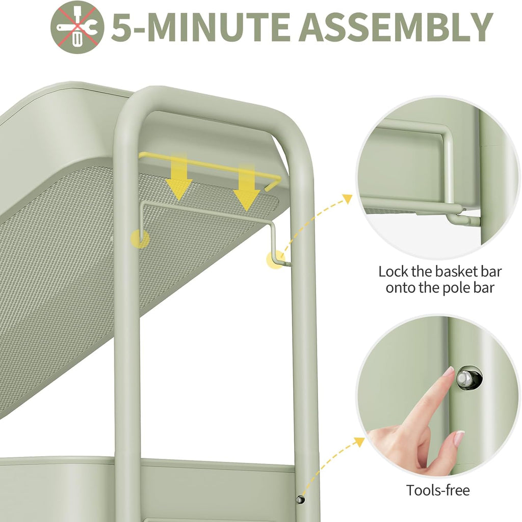 TOOLF 3 Tier Rolling Cart Storage Organizer, Metal Rolling Utility Cart with Wheels, Hooks & Bins Esthetician Craft Art Sturdy Storage with Pegboard for Bathroom, Kitchen, Office, Nursery Diaper