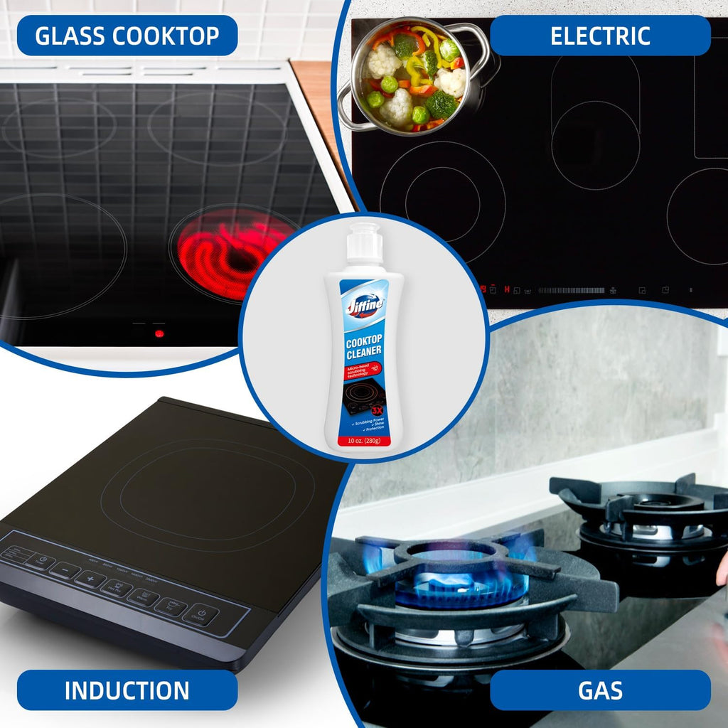 Glass Cooktop Cleaner Kit & Polish - 10 oz Stove Top Cleaner with Scrubbing Pad, Scraper & Microfiber Cloth - Removes Burnt-On Food, Tough Stains, No Scratches, Streak-Free Shine