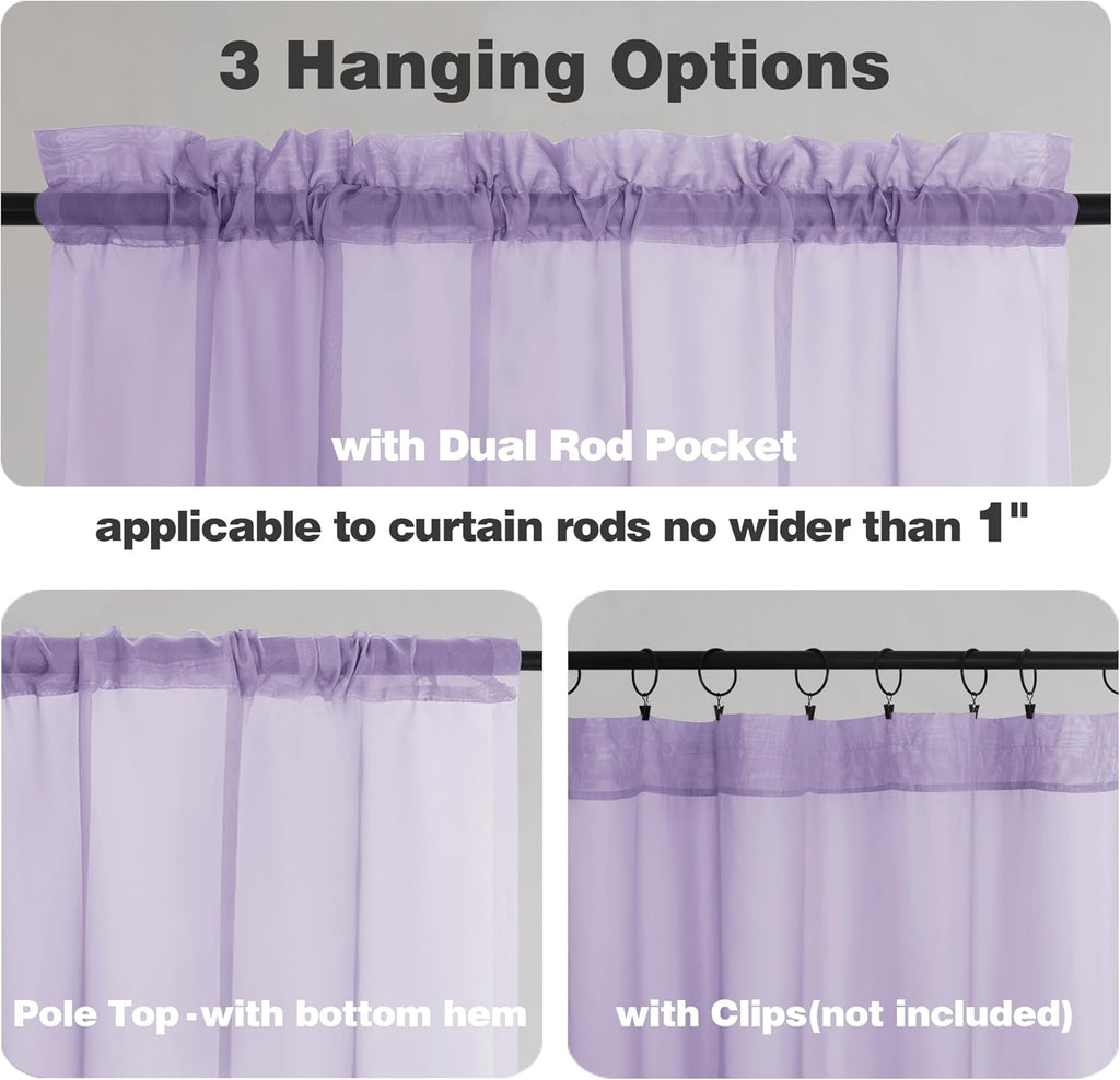Chyhomenyc Sheer Lilac Valances for Windows 2 Pack, Small Window Curtains for Living Room Bathroom Cafe Laundry Basement, Modern Top Dual Rod Pocket Voile Curtain, 42W x 14L inches, Lilac