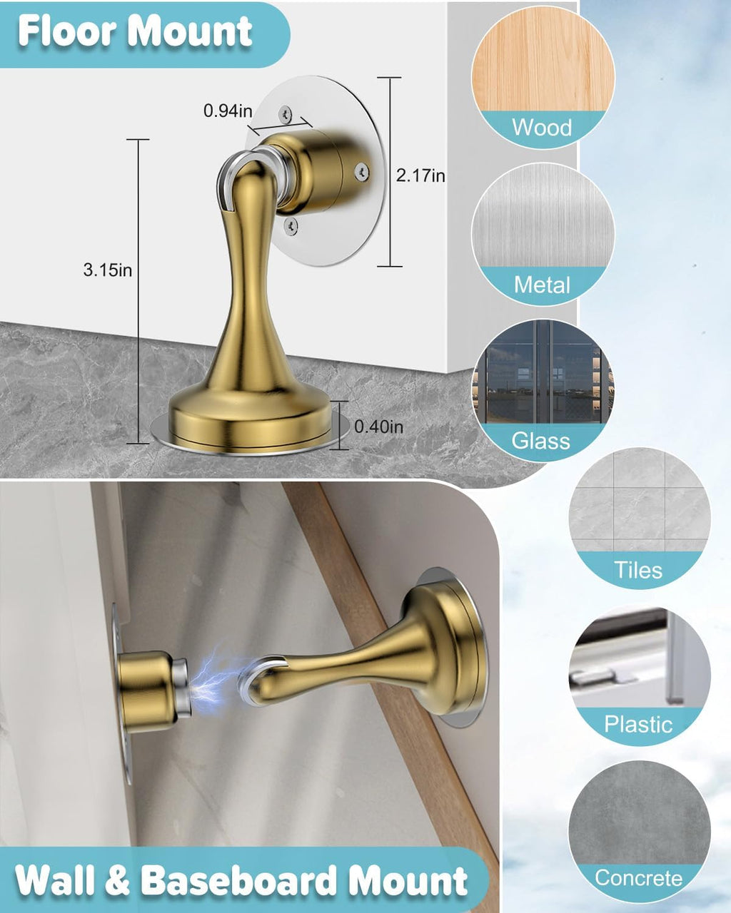 Door Stoppers Magnetic Door Catch - 2 Pack Stainless Steel Heavy Duty Door Stops for Bottom of Door, Wall & Floor Mounting No-Drill Strong Adhesive & Screws, Strong Door Holder to Keep Door Open,Gold